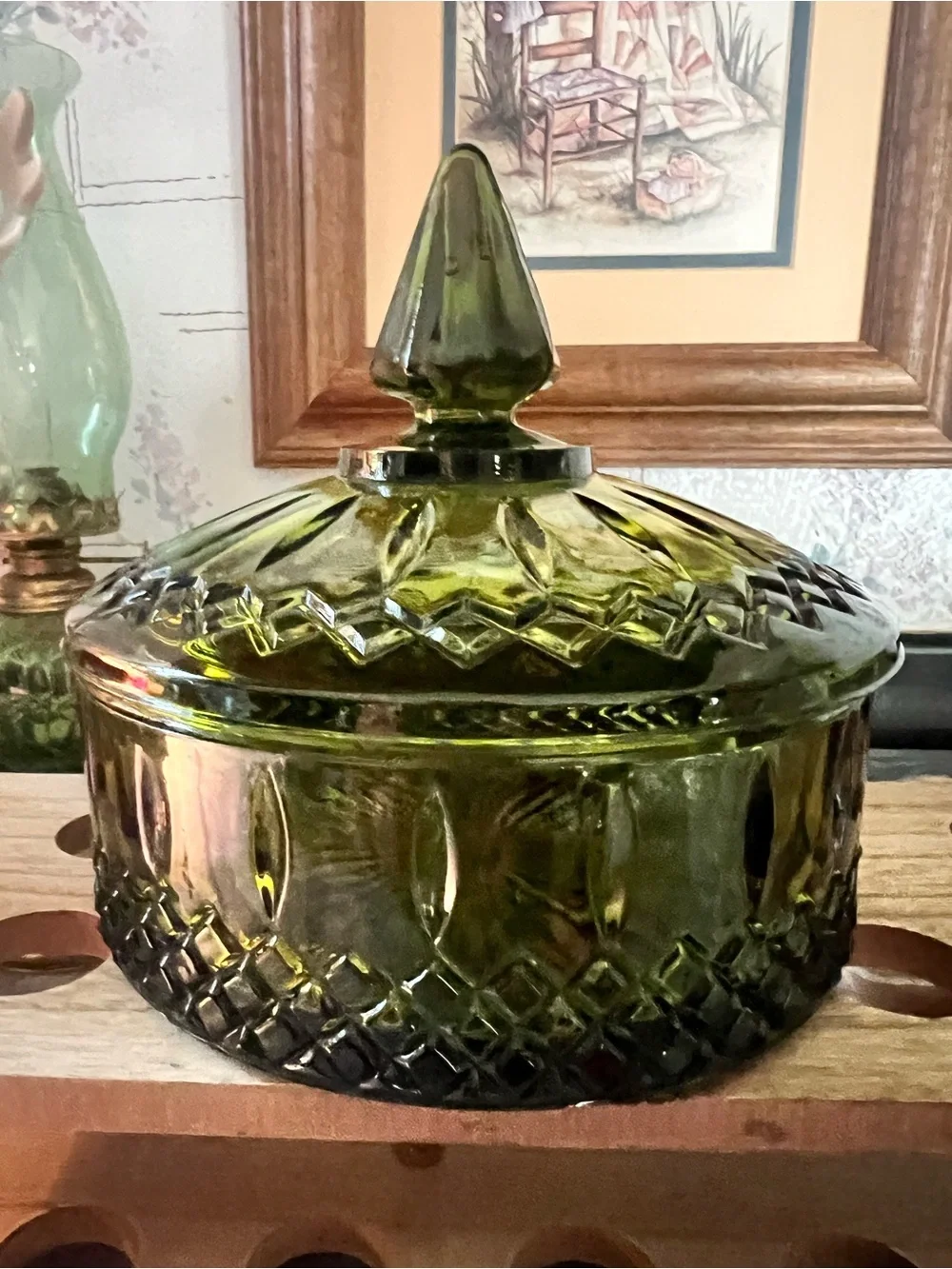 Vintage Indiana Glass candy dish in the Princess pattern and avocado green